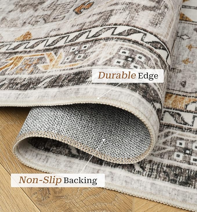 10x14 Area Rugs,Ultra-Thin Washable Rugs for Living Room,Non-Slip Lightweight Foldable Area Rug,Stain Resistant Vintage Large Rugs (Brown/Gold, 10'x14')