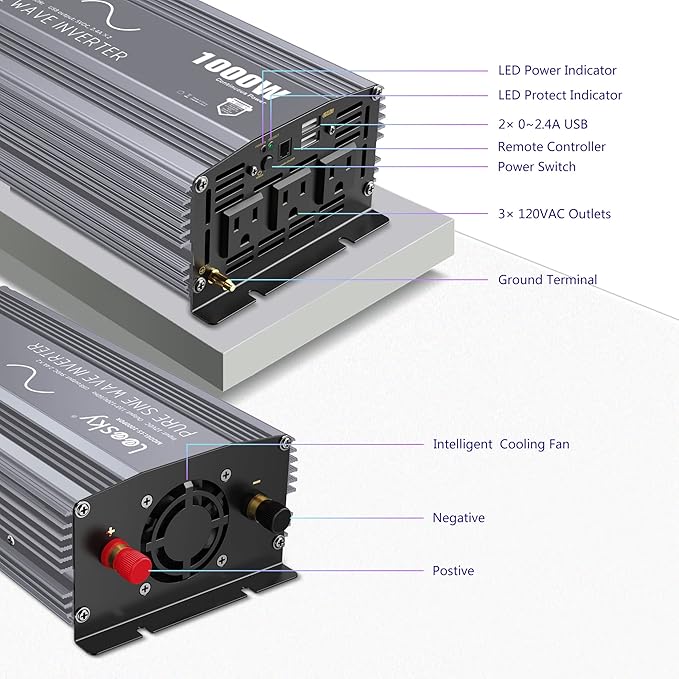 LEESKY 1000W Pure Sine Wave Power Inverter 12V DC to 120V AC Converter with LCD Remote Controller UL-Certified Fuses Compatible with Lithium Battery Starlink for Car RV Truck Solar Home Off-Grid Use