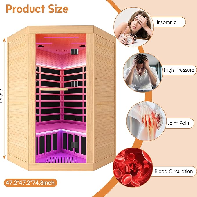 Sauna Infrared Far Infrared Sauna for Home Sauna 2-3 person 2180W with Hemlock Wood Low EMF Dry Sauna for Home Infrared Sauna 2 Person Indoor Sauna for Two Person in Home Sauna with Bluetooth Speakers