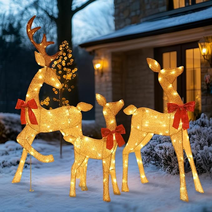 4.5Ft Lighted Reindeer Outdoor Christmas 2D Deer Family Sets Outdoor Reindeer Christmas Yard Decoration with LEDs/Stakes/Zip Ties for Holiday Patio Lawn Garden