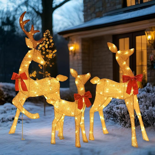 4.5Ft Lighted Reindeer Outdoor Christmas 2D Deer Family Sets Outdoor Reindeer Christmas Yard Decoration with LEDs/Stakes/Zip Ties for Holiday Patio Lawn Garden