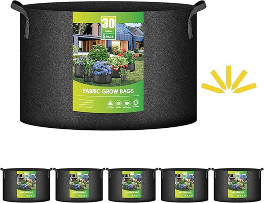 iPower 5-Pack 30 Gallon Plant Grow Bags Thickened Nonwoven Aeration Fabric Pots Heavy Duty Durable Container, Strap Handles for Garden, Black