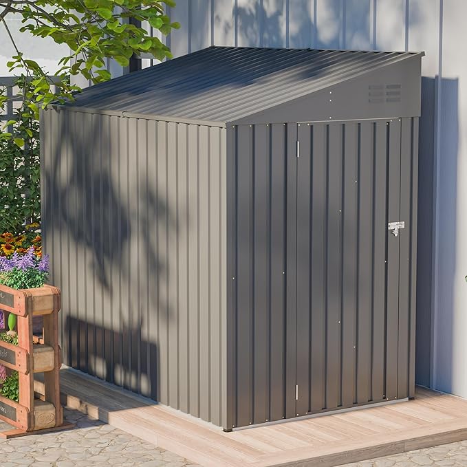 4x8 FT Outdoor Storage Shed,Lean to Lockable Metal Garden Shed Steel with Reinforced Beams,All Weather Waterproof Storage House W/Lockable Door,for Backyard,Patio,Lawn,Garden,Dark Gray