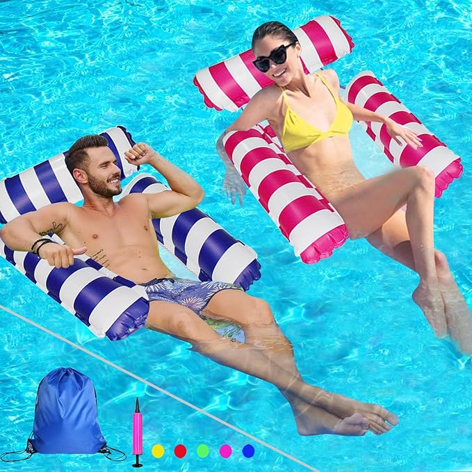 HJW 2-Pack Inflatable Pool Lounger Chair - Multi-Purpose Floating Hammock for Adults, Comfortable Pool Float Raft for Swimming Pool & Water Activities(Striped Dark Blue + Rose red)