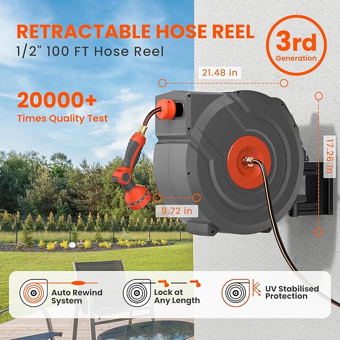 Upgraded Retractable Garden Hose Reel 1/2 in x 100 ft PRO 180° Swivel Metal Bracket Automatic Slow Return Heavy Duty Wall-Mounted Hose Reel Any Length Lock 9 Pattern Nozzle UV Resistant