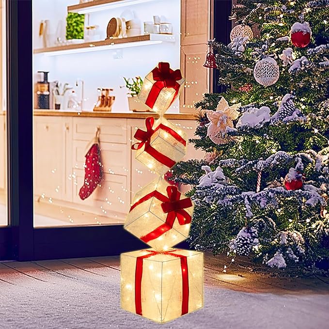 Set of 4 Christmas Lighted Gift Boxes, 3.3FT 70 LED Stackable Light Up Present Boxes for Christmas Decorations Indoor Outdoor Yard Lawn Porch Home Decor(4 Piece Set)