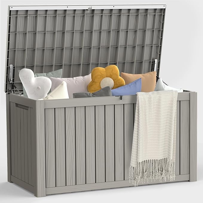 Outdoor Storage Box - Lockable Waterproof UV-Resistant Resin Deck Box for Patio Cushions, Pool Accessories (Grey, 180 Gallon)