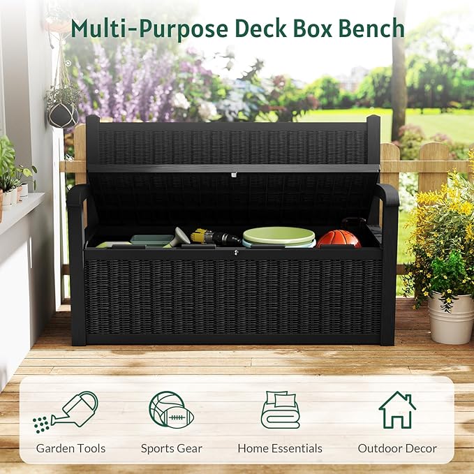 70 Gallon Outdoor Storage Bench, Deck Box Bench with Armrest, Lockable Outside Benches with Storage, Deck Boxes Waterproof for Pool Patio Garden (Black)