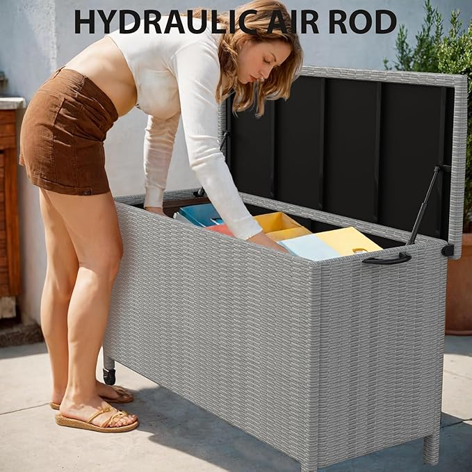 140 Gallon Outdoor Storage Deck Box, Large Rattan Storage Bin Wheel for Patio Cushions, Garden Tools and Pool Supplies, Waterproof, Grey