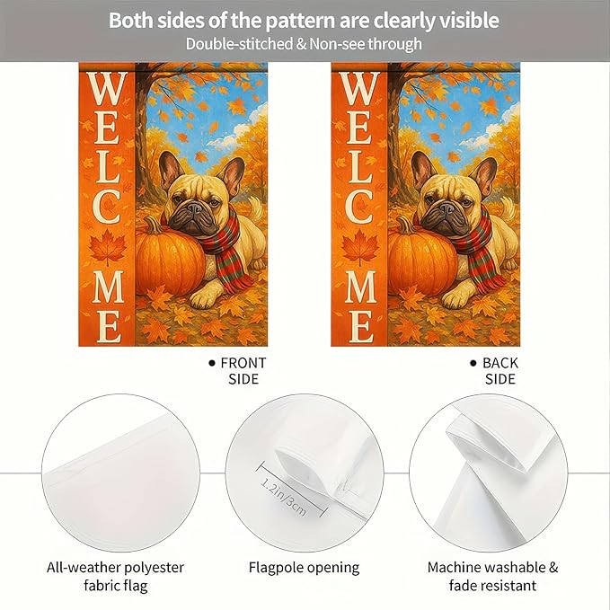 Thanksgiving Fall Garden Flag 12x18 Inch Welcome French Bulldog Dog Outdoor Flag Double Sided Autumn Yard Banner with Pumpkin Plaid Scarf Decor for Porch Lawn Patio