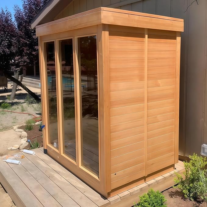 Outdoor Corner Steam Sauna, Canadian Hemlock Saunas 3-4 Person, 6KW ETL Toule Heater, 220V,Broad Bench, Glass Wall Sauna, Waterproof System, Asphalt Shingles,Left Door(0-195℉)