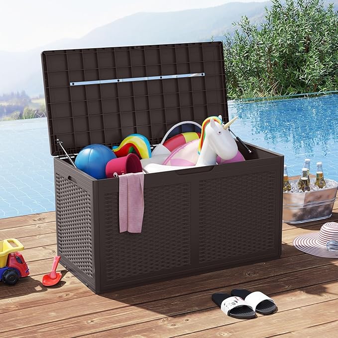 RELAX4LIFE 100-Gallon Resin Deck Box - Waterproof Outdoor Storage Box Container w/Lockable Lid & Wheels, Faux Rattan Porch Bench for Patio Furniture Cushions, Pool Accessories, Garden Tools (Brown)