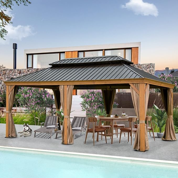 Domi Outdoor Living 12’x18’ Hardtop Gazebo, Wooden Coated Aluminum Frame Canopy with Galvanized Steel Double Roof, Outdoor Permanent Metal Pavilion with Curtains and Netting for Patio, Deck and Lawn