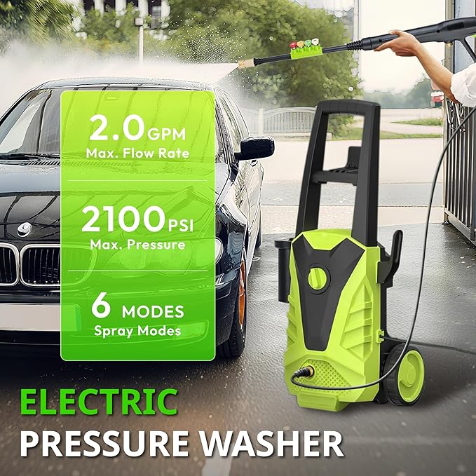 Electric Pressure Washer, 2.0 GPM – High Pressure Power Washer with Foam Cannon, 4 Quick-Connect Nozzles, 23ft Hose & Compact Storage for Cars, Patios & Home Cleaning, Green