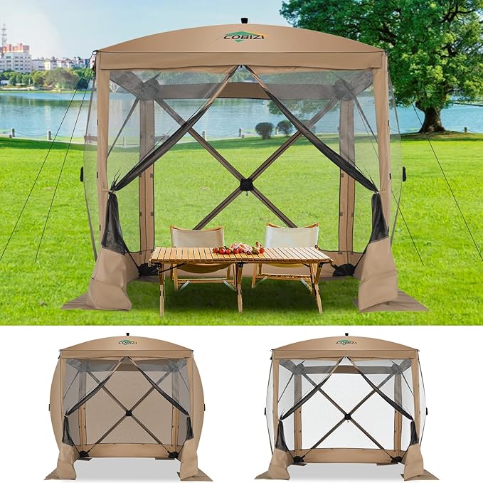 COBIZI 6x6 Pop up Gazebo Tent on Clearance, Ez up Waterproof Screen Tent Screen House with 3 sidewalls,Portable Outdoor Canopy with Carry Bag & Ground Stakes for Camping,Garden and Picnics, Khaki