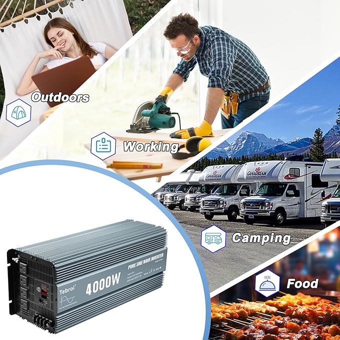 4000W Pure Sine Wave Inverter 12V DC to 110V AC Converter for Home, RV, Truck, Off-Grid Solar Power Inverter with Built-in 5V/2.1A USB, AC Hardwire Port, Remote Controller