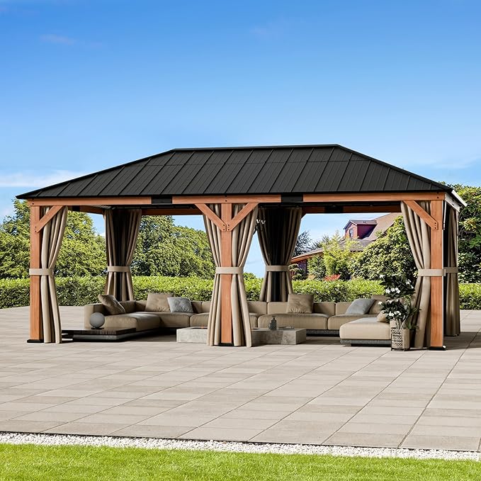 Modern Shade Tranquil Grove Wood Gazebo 12' x 20', Grill Gazebo with Galvanized Steel Roof, Mosquito Netting and Curtains, Permanent Hardtop Pavilion with Sturdy Hooks for Garden, Backyard