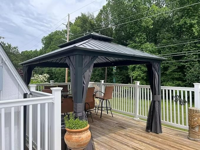 Domi 8’ X 10’ Hardtop Gazebo Canopy with Netting & Curtains, Outdoor Metal Gazebo with Galvanized Steel Double Roof for Patio Lawn and Garden, Gray