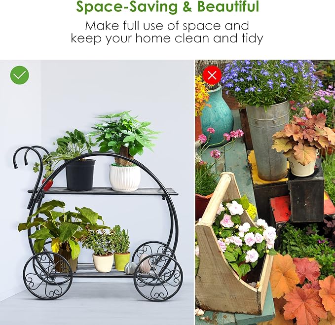 S AFSTAR Metal Plant Stand, Two Tiered Garden Cart Shelf for Indoor Outdoor Home Garden Patio, Parisian Style Flower Pot Holder, Stable and Durable