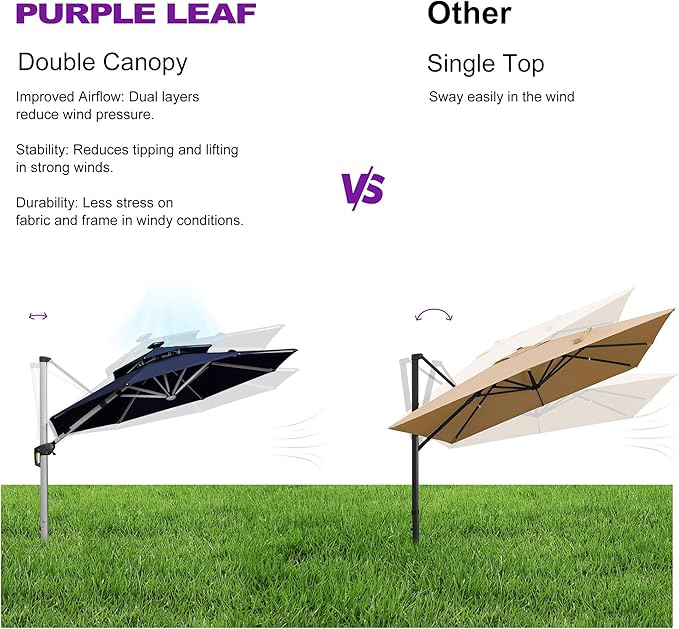 PURPLE LEAF 12ft Solar powered LED Patio Umbrella Outdoor Round Umbrella Large Cantilever Umbrellas with LED lights Windproof Offset Umbrellas Sun Umbrella for Garden Deck Pool Patio, Navy Blue
