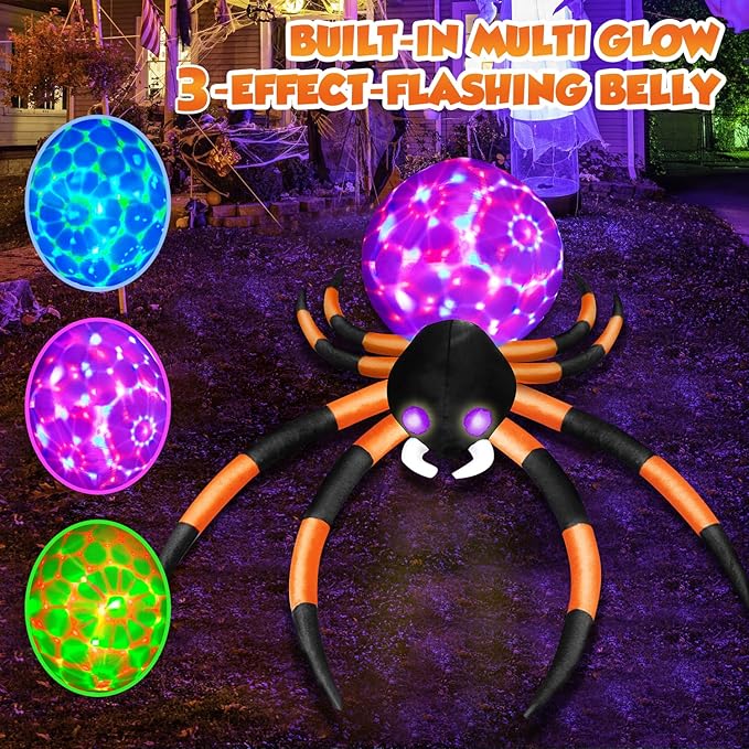 12Ft Giant Halloween Inflatables Spider Built-in 7-Color-Shifting Eyes & 3-Effect-Flashing Belly, Large Halloween Decorations Outdoor Huge Blow Up Yard Decorations Blowups for Holiday- 1PCS（Orange
