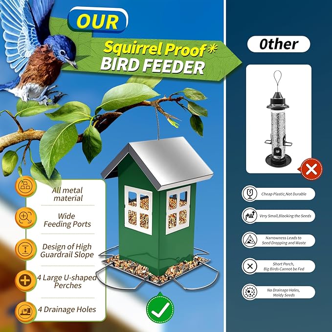 Upgrade All Metal Chew Proof Design Squirrel Proof Bird Feeder Large, 4 Drainage Holes for Easy Cleaning, Outdoor Hanging Window Feeder for Wild Birds