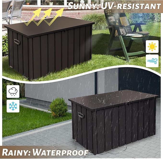 200 Gallon Deck Box, Outdoor Metal Storage Box Waterproof, Large Patio Furniture Storage Cabinet, Lockable Storage Chest for Porch, Pillows, Cushions, Pool, Tools, Backyard -Brown