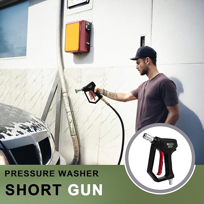 Short Pressure Washer Gun with Swivel, 1/4" Automatic Quick Connector Power Washer Handle with 3/8" Swivel Male Plug Coupler, Addition M22-14mm Adapter