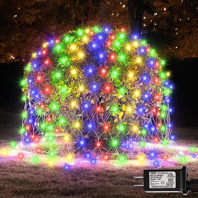 300 LED Net Lights for Bushes, 14.8ft x 5ft 8 Modes Christmas Outdoor Mesh Lights Connectable, Waterproof Decorative String Lights Plug in for Xmas Tree Garden Wedding Party (Clear Wire, Mulitcolor)