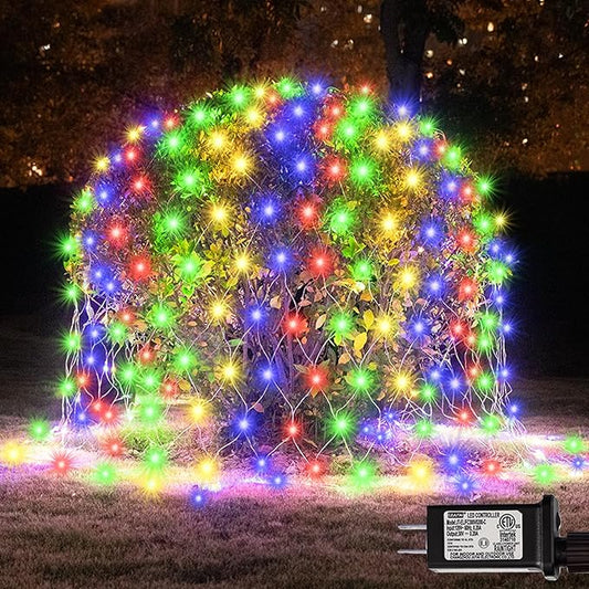 300 LED Net Lights for Bushes, 14.8ft x 5ft 8 Modes Christmas Outdoor Mesh Lights Connectable, Waterproof Decorative String Lights Plug in for Xmas Tree Garden Wedding Party (Clear Wire, Mulitcolor)