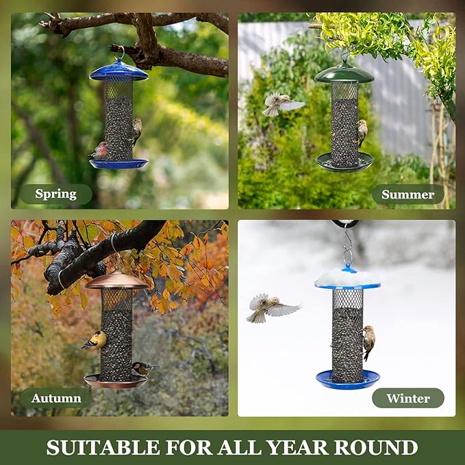 Kingsyard Mesh Tube Bird Feeders for Outdoors Hanging, All Metal, Wild Bird Feeder for Sunflower Seeds or Mealworm, Large Tray & Weatherproof Roof, 2.5 lbs Capacity (Antique Copper)