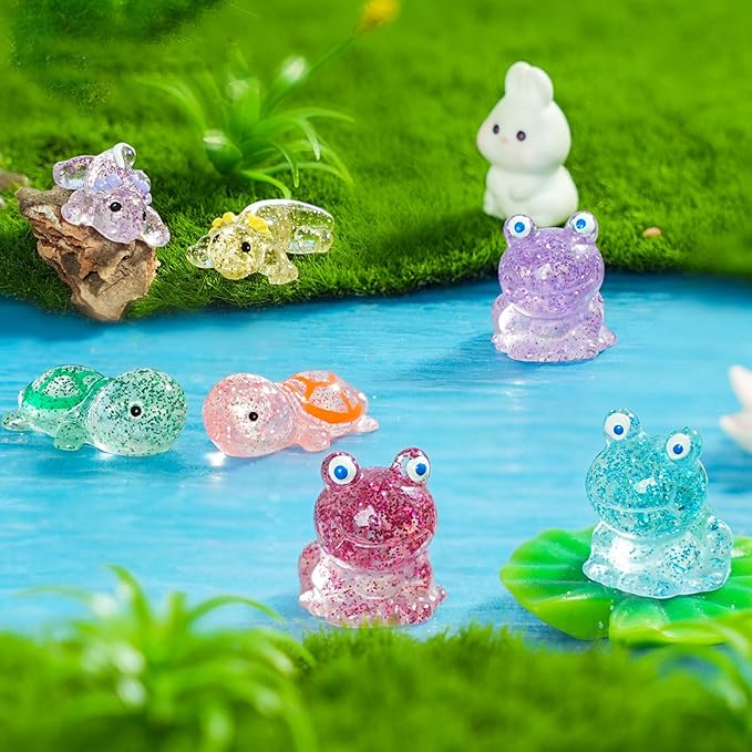 Mini Glitter Ducks 200 Pcs Tiny Duck Figures Luminous Resin Dinosaur Turtle Frog Axolotls to Hide Plastic Animal for DIY Garden Miniatures Fairy Garden Accessories (8 Styles)