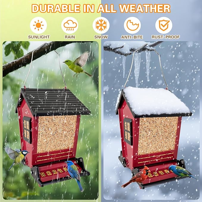 Squirrel Proof Bird Feeders for Outdoors Hanging, 5LB Capacity Metal Wild Birdfeeders Outside Hanging, Cardinal Bird Feeder Squirrel Proof as Various Finch Feeders for Outside(red)