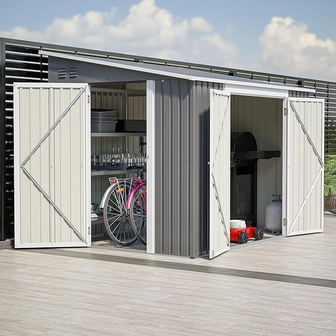 8x6 FT Outdoor Storage Shed W/Adjustable Lockable Double Side Doors,Metal Shed W/Floor Frame & 2 Air Vents,Garden Tool House W/Updated Frame Structure,for Backyard Patio Lawn,Gray