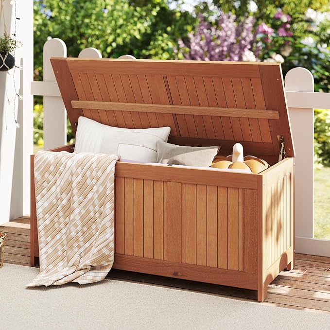 RELAX4LIFE Wood Deck Box, 58 Gallon Backyard Storage Bin Container for Patio Furniture Cushions, Pillows, Garden Tools, Pool Accessories, Wooden Porch Bench, Indoor Outdoor Storage Box (58 Gal)