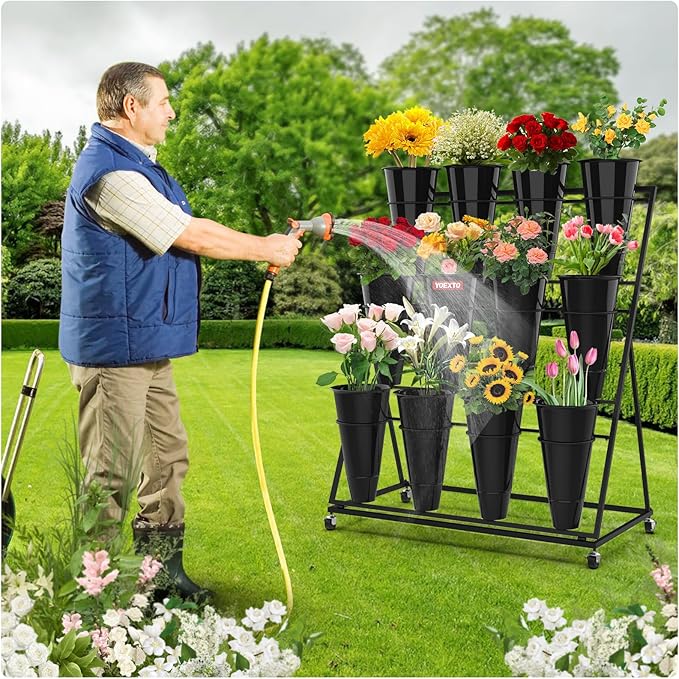 Flower Display Stand 3 Layers with 12 PCS Round Buckets, Plant Stand with Wheels, Movable Metal Plant Stand for Terrace Garden, Florist Shop