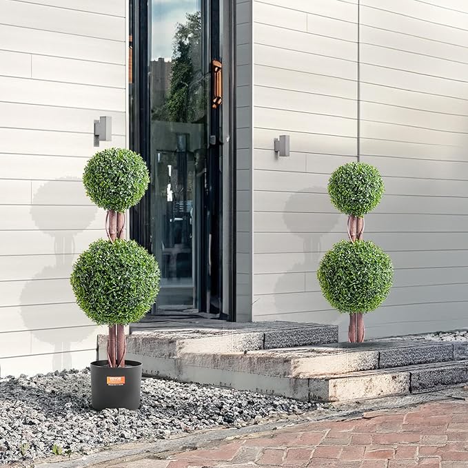 VEVOR Artificial Boxwood Topiary Tree, 36 inch Tall (2 Pieces), Double Ball Faux Topiary Trees, Faux Plant w/Extra Leaves & Pot & Small Decoration, UV Rated Set for Home Decor Indoor/Outdoor