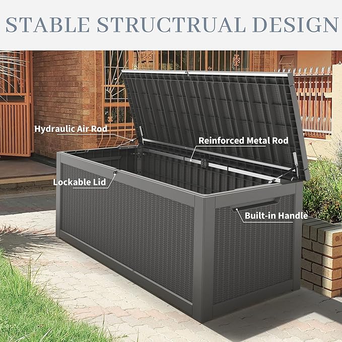 NUNU LAB 260 Gallon Outdoor Storage Box, Large Resin Deck Box with Double Wall Panels, Waterproof Patio Storage Bin for Garden Tools, Pool Accessories, Package Deliveries & Outdoor Gear,Grey