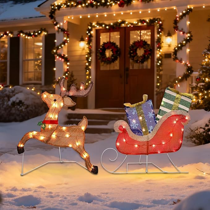 Prsildan Christmas Lighted Decoration 25" x 44" Reindeer, 50 Lights Christmas Reindeer with Sleigh & Gift Boxes, Light up Decorations for Indoor Outdoor Home Kitchen Yard Garden Holiday Party