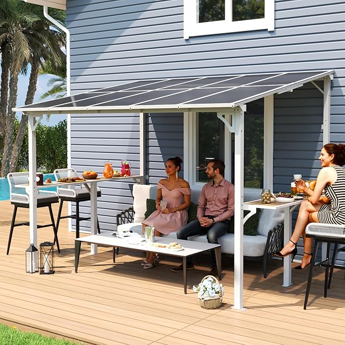 MEISSALIVVE 8' x 10' Wall Mounted Gazebo, Outdoor BBQ Grill Gazebo with Side Shelf, Lean to Metal Awnings with Sloped Roof, Heavy Duty Pergola for Backyard, Deck, White