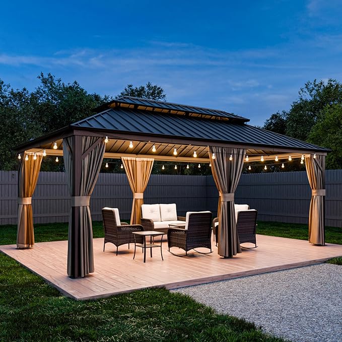 COOS BAY 12x20 Hardtop Gazebo with Aluminum Frame, Galvanized Steel Double Roof Outdoor Pavilion with Netting and Curtains, Dark Brown/Tan