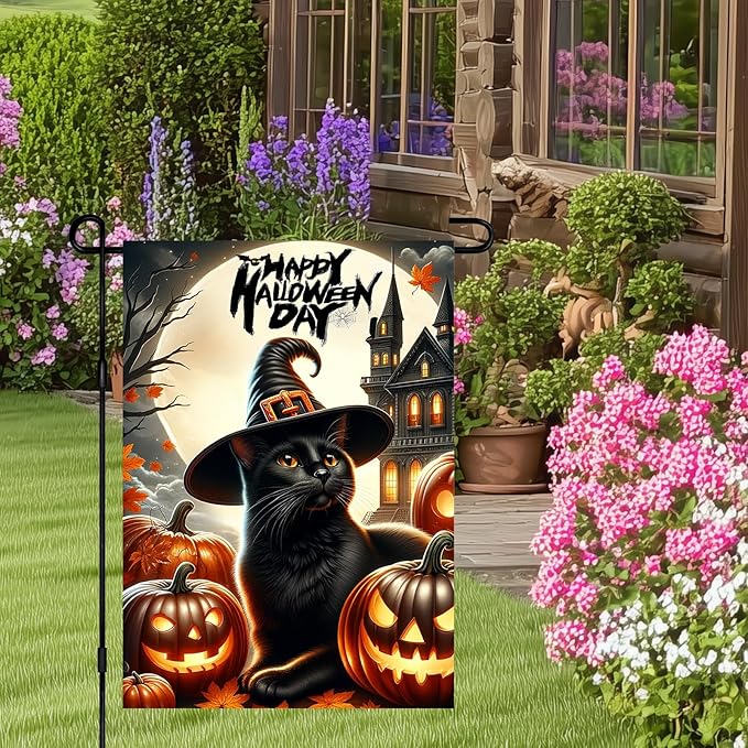 Happy Halloween Day Garden Flag Black Cat Flag Witch Hat Pumpkins 12x18 Inch Double Sided Spooky Outdoor Yard Decor House Banner Porch Lawn Patio Home Decoration