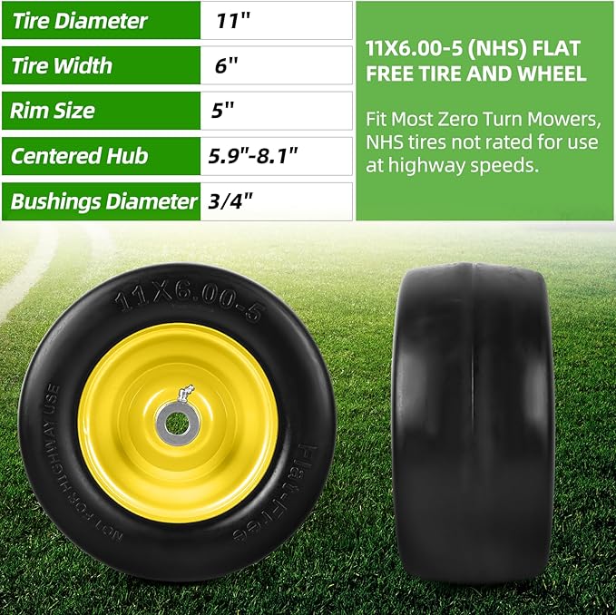 AR-PRO 11x6.00-5 Flat Free Tire and Wheel - Relacement 11x6-5 Solid Rubbe Riding Lawn Mower Tire with Rim, 5.9"-8.1" Centered Hub and 3/4" Bushings - Fit Most Zero Turn Mowers (2-Pack)