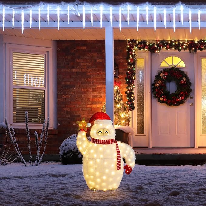 Glitzhome 3.5FT Lighted Christmas Snow Monster Decor, Large White Outdoor 3D Christmas Holiday Fabric Yeti Decoration w/ 130 LED Lights, for Xmas Lighted Holiday Display Indoor Outdoor