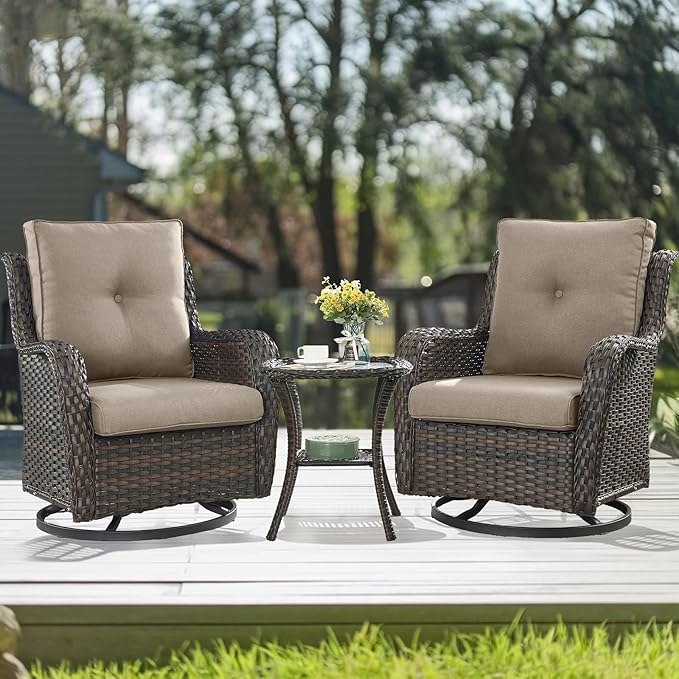 HUMMUH 3-Piece Swivel Rocking Rattan Chair Outdoor, Patio Bistro Furniture Conversation Set,Cushioned Wicker Chair with Glass Coffee Table(Brown, Grey)
