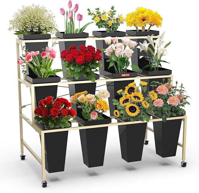 Flower Display Stand 3 Layers with 12 PCS Round Buckets, Plant Stand with Wheels, Movable Metal Plant Stand for Terrace Garden, Living Room, Florist Shop