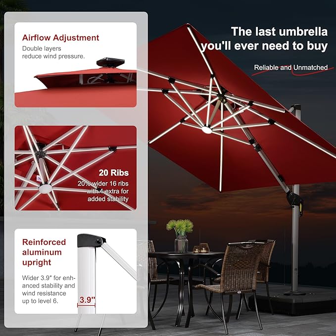 PURPLE LEAF 9' X 12' Solar Powered LED Rectangle Patio Umbrella Offset Cantilever Umbrellas Outdoor Market Umbrella Double Top Deluxe Garden Umbrellas, Terra