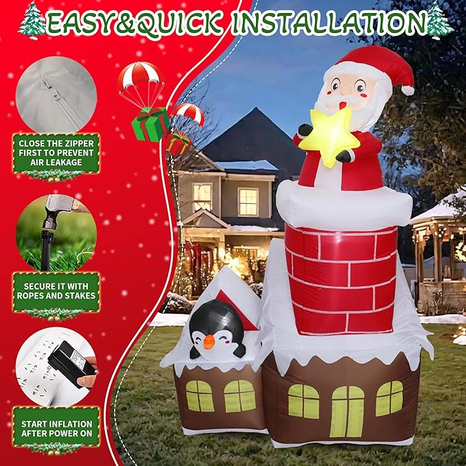 DearSun 7FT H Lovely Christmas Inflatable Santa in The Chimney of Candy House with Penguin&Star Decorations, Blow up Christmas House with Build-in LED Lights Indoor Outdoor Holiday Decoration