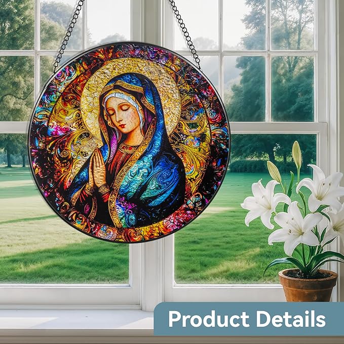 Suncatcher Stained Glass Window Hanging - Mother Mary Glass Panel with Metal Chain and Hooks Handmade Sun Catcher Decoration for Window Garden Home Christmas & Birthday Gifts (8 Inch)