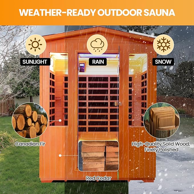 4 Person Outdoor Sauna Far Infrared Saunas Dry Sauna Room Wood Wooden Sauna Outdoor and Red Cedar Low EMF 2600W/240V with Oxygen Bar, 7 Color Light, Control Panel, Speaker - 62.2 * 46.9 * 81.9 in